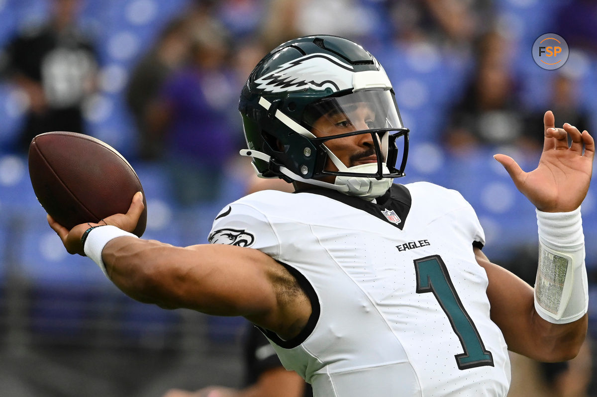 Aug 9, 2024; Baltimore, Maryland, USA; Philadelphia Eagles quarterback Jalen Hurts (1) throws  before a preseason game against the Baltimore Ravens at M&T Bank Stadium. Credit: Tommy Gilligan-USA TODAY Sports