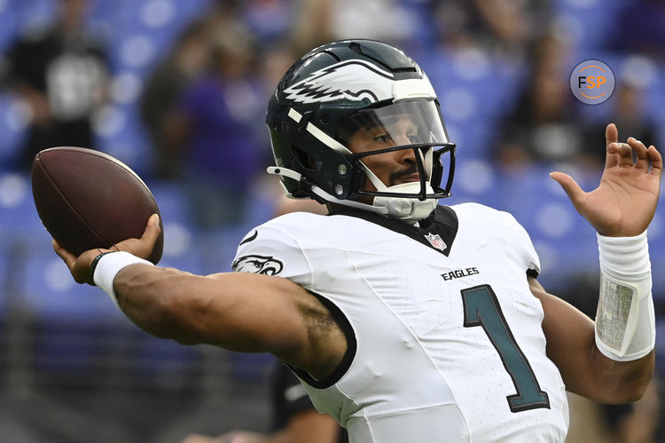 Aug 9, 2024; Baltimore, Maryland, USA; Philadelphia Eagles quarterback Jalen Hurts (1) throws  before a preseason game against the Baltimore Ravens at M&T Bank Stadium. Credit: Tommy Gilligan-USA TODAY Sports