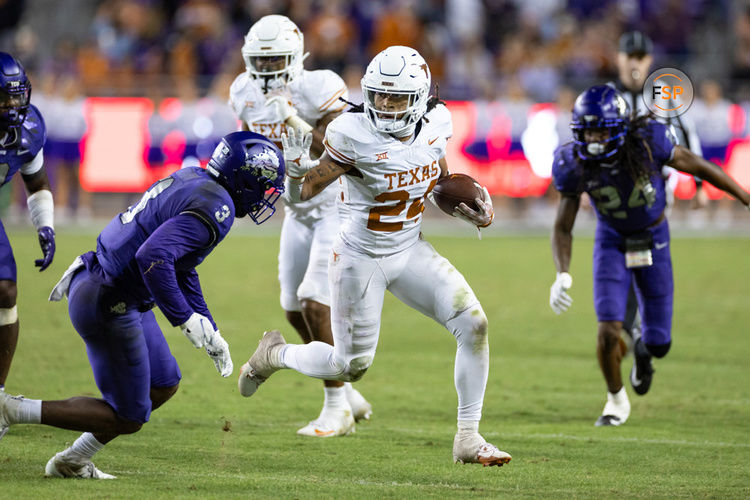 FORT WORTH, TX - NOVEMBER 11: Texas Longhorns running back Jonathon Brooks (#24) runs up field during the college football game between the Texas Longhorns and TCU Horned Frogs on November 11, 2023 at Amon G. Carter Stadium in Fort Worth, TX.  (Photo by Matthew Visinsky/Icon Sportswire)