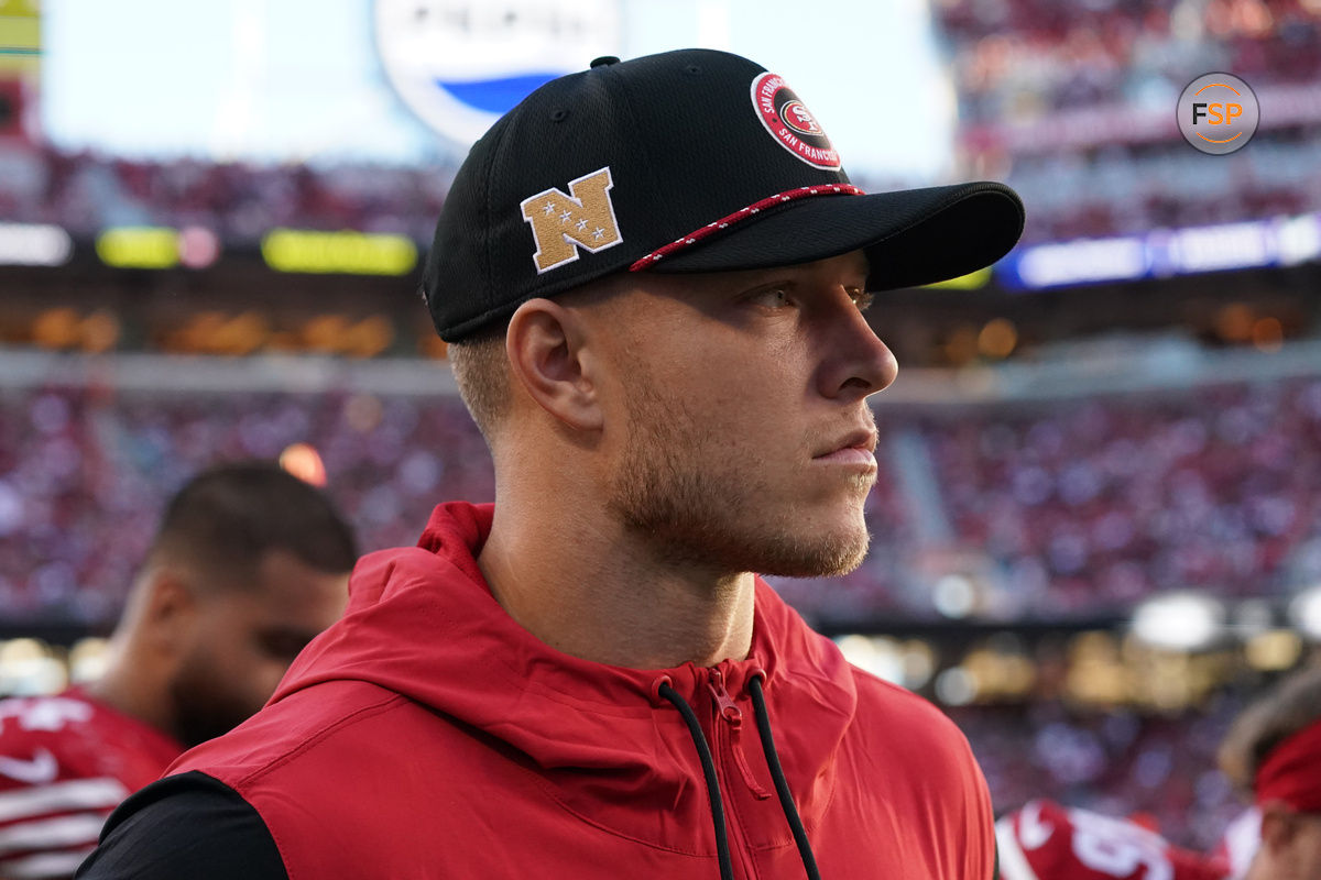 Sep 9, 2024; Santa Clara, California, USA; San Francisco 49ers running back Christian McCaffrey (23) watches injured from the sidelines in the second quarter against the New York Jets at Levi's Stadium. Credit: David Gonzales-Imagn Images