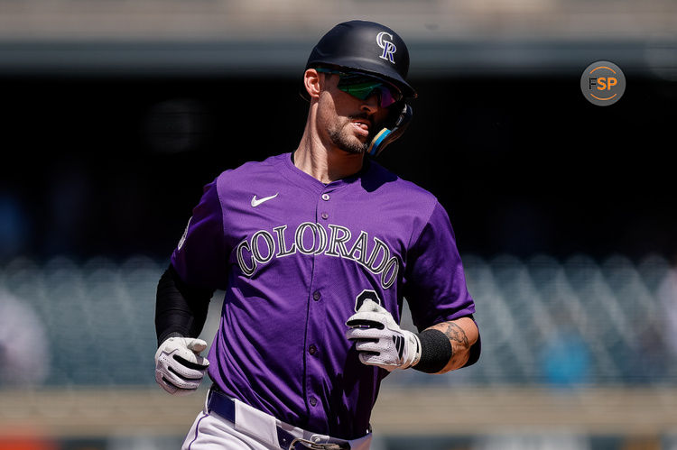 Aug 29, 2024; Denver, Colorado, USA; Colorado Rockies center fielder Brenton Doyle (9) rounds the bases on a solo home run in the third inning against the Miami Marlins at Coors Field. Credit: Isaiah J. Downing-USA TODAY Sports