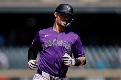 Aug 29, 2024; Denver, Colorado, USA; Colorado Rockies center fielder Brenton Doyle (9) rounds the bases on a solo home run in the third inning against the Miami Marlins at Coors Field. Mandatory Credit: Isaiah J. Downing-USA TODAY Sports