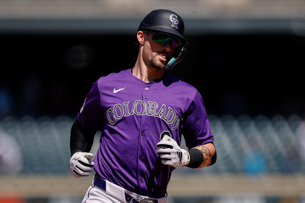 Aug 29, 2024; Denver, Colorado, USA; Colorado Rockies center fielder Brenton Doyle (9) rounds the bases on a solo home run in the third inning against the Miami Marlins at Coors Field. Mandatory Credit: Isaiah J. Downing-USA TODAY Sports