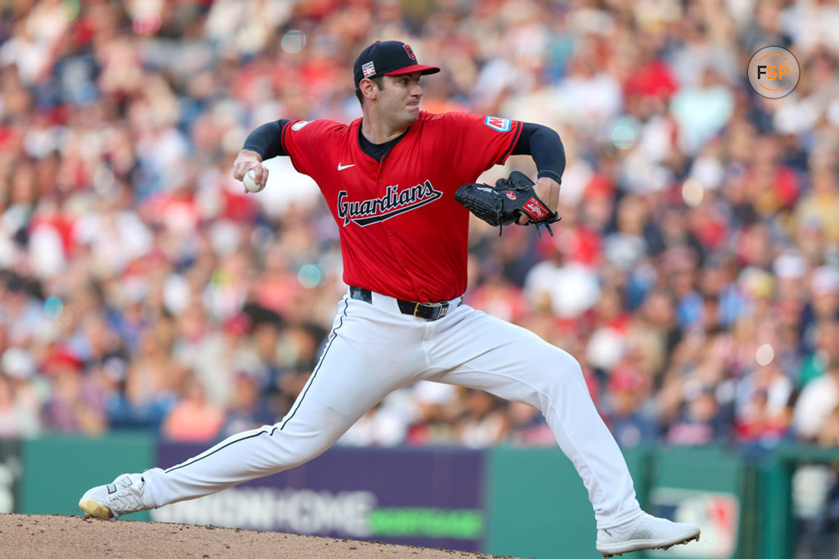 CLEVELAND, OH - JULY 20: Cleveland Guardians starting pitcher Gavin Williams (32) delivers a pitch to the plate during the second inning of the Major League Baseball Interleague game between the San Diego Padres and Cleveland Guardians on July 20, 2024, at Progressive Field in Cleveland, OH. (Photo by Frank Jansky/Icon Sportswire)