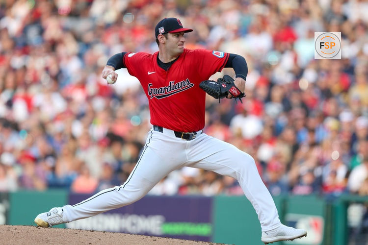 CLEVELAND, OH - JULY 20: Cleveland Guardians starting pitcher Gavin Williams (32) delivers a pitch to the plate during the second inning of the Major League Baseball Interleague game between the San Diego Padres and Cleveland Guardians on July 20, 2024, at Progressive Field in Cleveland, OH. (Photo by Frank Jansky/Icon Sportswire)