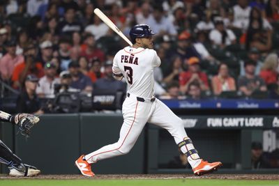 Jul 22, 2026; Houston, Texas, USA; Houston Astros shortstop Jeremy Pena (3) hits a single during the fifth inning against the Miami Marlins at Daikin Park. Mandatory Credit: Troy Taormina-Imagn Images