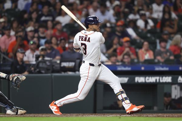 Jul 22, 2026; Houston, Texas, USA; Houston Astros shortstop Jeremy Pena (3) hits a single during the fifth inning against the Miami Marlins at Daikin Park. Mandatory Credit: Troy Taormina-Imagn Images