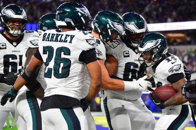 Nov 24, 2024; Inglewood, California, USA; Philadelphia Eagles celebrate the touchdown scored by running back Kenneth Gainwell (14) during the second half at SoFi Stadium. Mandatory Credit: Gary A. Vasquez-Imagn Images