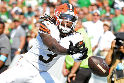 Oct 13, 2024; Philadelphia, Pennsylvania, USA; Cleveland Browns wide receiver Jerry Jeudy (3) catch make the catch in the end zone against the Philadelphia Eagles during the second quarter at Lincoln Financial Field. Mandatory Credit: Eric Hartline-Imagn Images