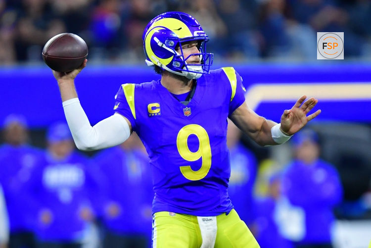 Oct 12, 2026; Inglewood, California, USA;  Los Angeles Rams quarterback Matthew Stafford (9) throws a pass during the fourth quarter against the Buffalo Bills at SoFi Stadium.  Credit: Gary A. Vasquez-Imagn Images