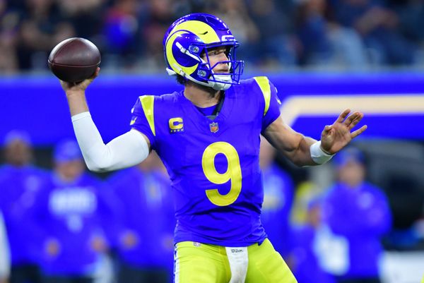Oct 12, 2026; Inglewood, California, USA;  Los Angeles Rams quarterback Matthew Stafford (9) throws a pass during the fourth quarter against the Buffalo Bills at SoFi Stadium.  Mandatory Credit: Gary A. Vasquez-Imagn Images