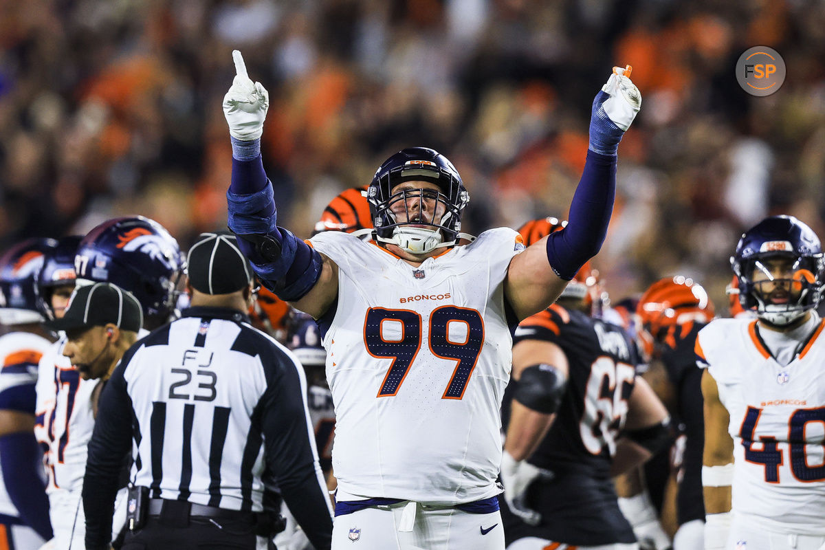 Dec 28, 2024; Cincinnati, Ohio, USA; Denver Broncos defensive end Zach Allen (99) reacts after a play against the Cincinnati Bengals in the second half at Paycor Stadium. Credit: Katie Stratman-Imagn Images