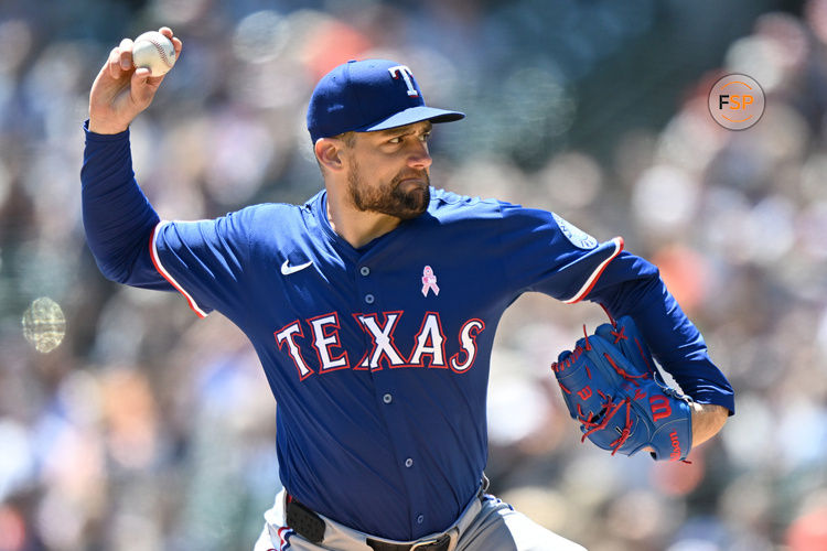 May 11, 2025; Detroit, Michigan, USA; Texas Rangers starting pitcher Nathan Eovaldi (17) throws a pitch against the Detroit Tigers in the first inning at Comerica Park. Credit: Lon Horwedel-Imagn Images