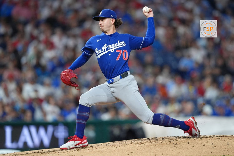 Jul 21, 2026; Philadelphia, Pennsylvania, USA; Los Angeles Dodgers starting pitcher Justin Wrobleski (70) throws a pitch against the Philadelphia Phillies in the first inning at Citizens Bank Park. Credit: Kyle Ross-Imagn Images