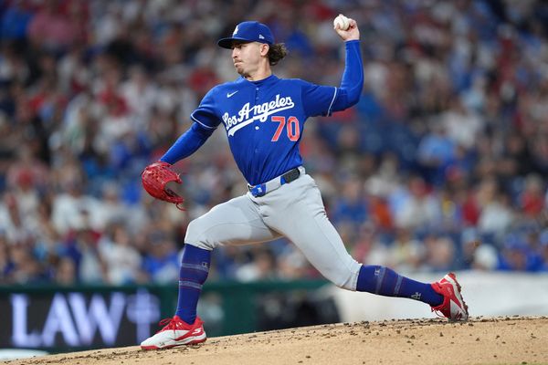 Jul 21, 2026; Philadelphia, Pennsylvania, USA; Los Angeles Dodgers starting pitcher Justin Wrobleski (70) throws a pitch against the Philadelphia Phillies in the first inning at Citizens Bank Park. Mandatory Credit: Kyle Ross-Imagn Images