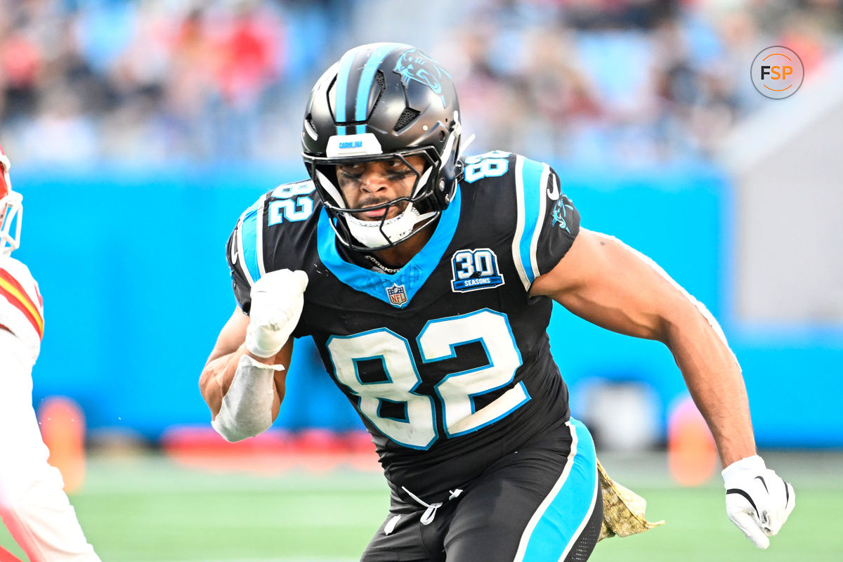 Nov 24, 2024; Charlotte, North Carolina, USA; Carolina Panthers tight end Tommy Tremble (82) on the field in the fourth quarter at Bank of America Stadium. Credit: Bob Donnan-Imagn Images