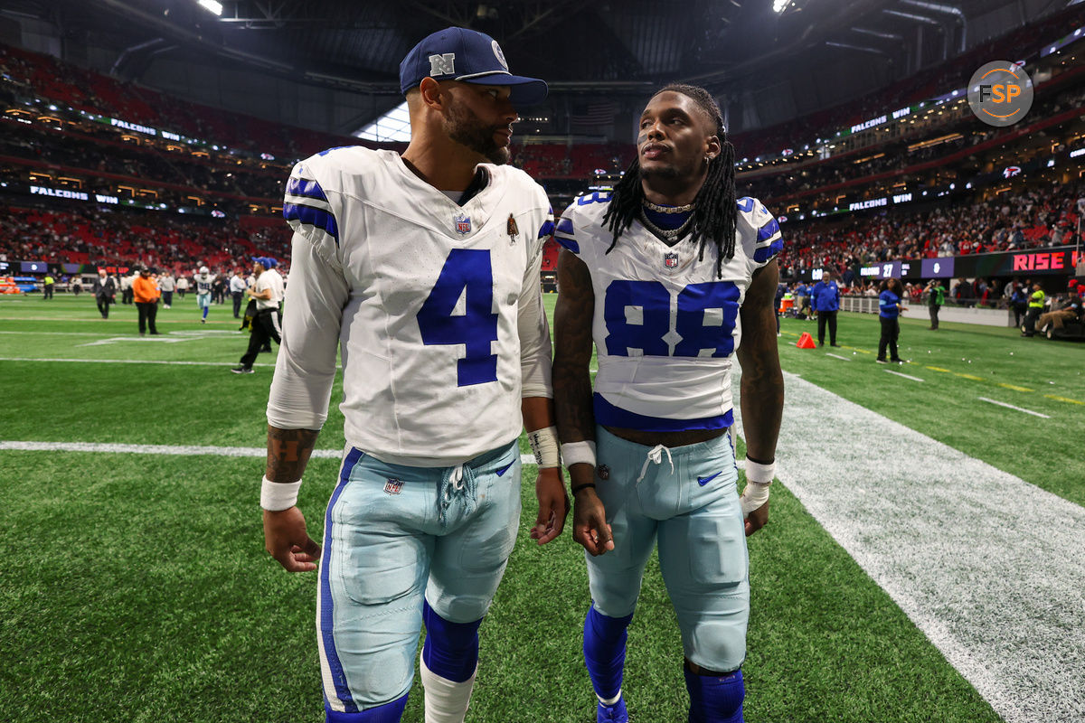 Nov 3, 2024; Atlanta, Georgia, USA; Dallas Cowboys quarterback Dak Prescott (4) and wide receiver CeeDee Lamb (88) walk off the field after a loss against the Atlanta Falcons at Mercedes-Benz Stadium. Credit: Brett Davis-Imagn Images