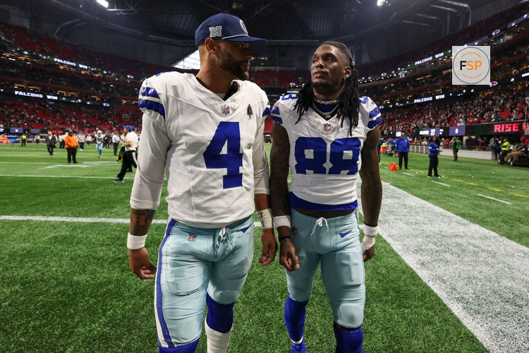 Nov 3, 2024; Atlanta, Georgia, USA; Dallas Cowboys quarterback Dak Prescott (4) and wide receiver CeeDee Lamb (88) walk off the field after a loss against the Atlanta Falcons at Mercedes-Benz Stadium. Credit: Brett Davis-Imagn Images