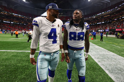 Nov 3, 2024; Atlanta, Georgia, USA; Dallas Cowboys quarterback Dak Prescott (4) and wide receiver CeeDee Lamb (88) walk off the field after a loss against the Atlanta Falcons at Mercedes-Benz Stadium. Mandatory Credit: Brett Davis-Imagn Images