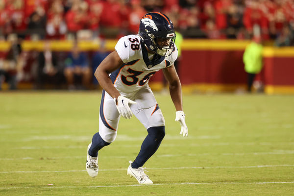 KANSAS CITY, MO - OCTOBER 12: Denver Broncos running back Jaleel McLaughlin (38) during an AFC West matchup between the Denver Broncos and Kansas City Chiefs on Oct 12, 2023 at GEHA Field at Arrowhead Stadium in Kansas City, MO.  (Photo by Scott Winters/Icon Sportswire)