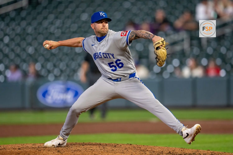 Jun 4, 2026; Minneapolis, Minnesota, USA; Kansas City Royals relief pitcher Alex Lange (56) throw a pitch against the Minnesota Twins in the ninth inning at Target Field. Credit: Jesse Johnson-Imagn Images