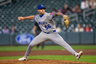 Jun 4, 2026; Minneapolis, Minnesota, USA; Kansas City Royals relief pitcher Alex Lange (56) throw a pitch against the Minnesota Twins in the ninth inning at Target Field. Mandatory Credit: Jesse Johnson-Imagn Images