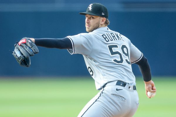 May 2, 2026; San Diego, California, USA; Chicago White Sox starting pitcher Sean Burke (59) throws a pitch during the first inning against the San Diego Padres at Petco Park. Mandatory Credit: David Frerker-Imagn Images