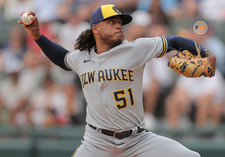 CHICAGO, IL - AUGUST 13: Milwaukee Brewers starting pitcher Freddy Peralta (51) delivers a pitch during a Major League Baseball game between the Milwaukee Brewers and the Chicago White Sox on August 13, 2023 at Guaranteed Rate Field in Chicago, IL. (Photo by Melissa Tamez/Icon Sportswire)