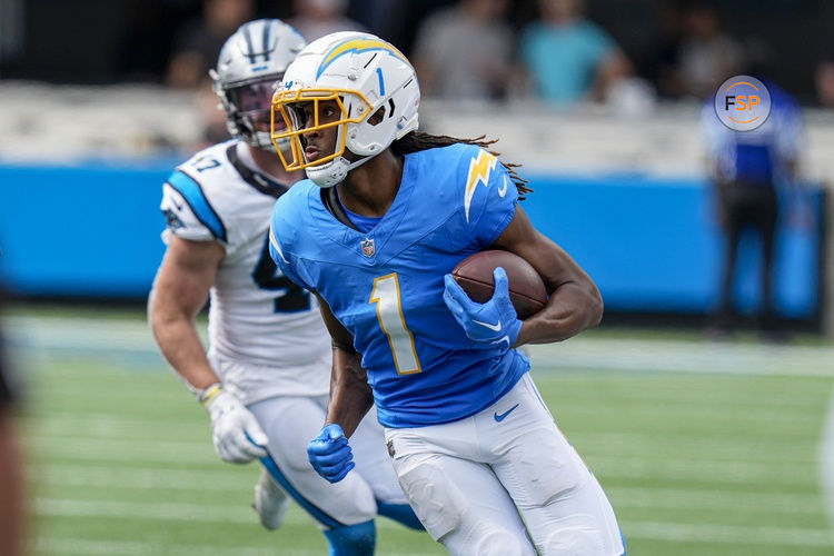 Sep 15, 2024; Charlotte, North Carolina, USA; Los Angeles Chargers wide receiver Quentin Johnston (1) runs against the Carolina Panthers during the second half at Bank of America Stadium. Credit: Jim Dedmon-Imagn Images