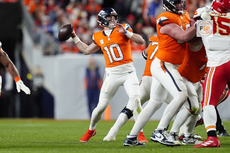 Nov 16, 2025; Denver, Colorado, USA; Denver Broncos quarterback Bo Nix (10) prepares to pass in the fourth quarter against the Kansas City Chiefs at Empower Field at Mile High. Credit: Ron Chenoy-Imagn Images
