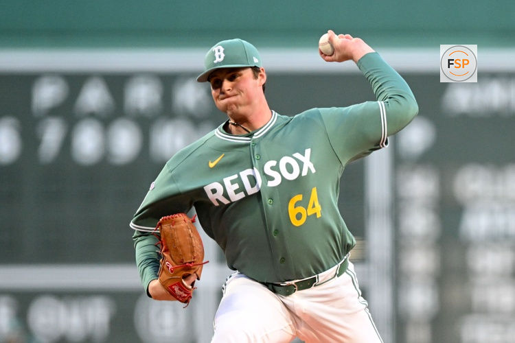 May 1, 2026; Boston, Massachusetts, USA; Boston Red Sox pitcher Jake Bennett (64) pitches against the Houston Astros during the first inning at Fenway Park. Credit: Brian Fluharty-Imagn Images