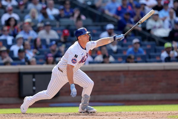 Apr 23, 2025; New York City, New York, USA; New York Mets first baseman Pete Alonso (20) watches his game tying RBI double against the Philadelphia Phillies during the tenth inning at Citi Field. Mandatory Credit: Brad Penner-Imagn Images