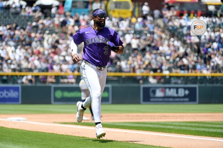 Jun 7, 2026; Denver, Colorado, USA; Colorado Rockies outfielder Willi Castro (3) rounds third base and scores in the first inning against the Milwaukee Brewers at Coors Field. Credit: Christopher Hanewinckel-Imagn Images