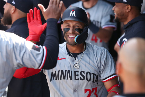 KANSAS CITY, MO - MARCH 28: Minnesota Twins third baseman Royce Lewis (23) celebrates after hitting a home run in the first inning of an MLB Opening Day game between the Minnesota Twins and Kansas City Royals Mar 28, 2024 at Kauffman Stadium in Kansas City, MO. (Photo by Scott Winters/Icon Sportswire)