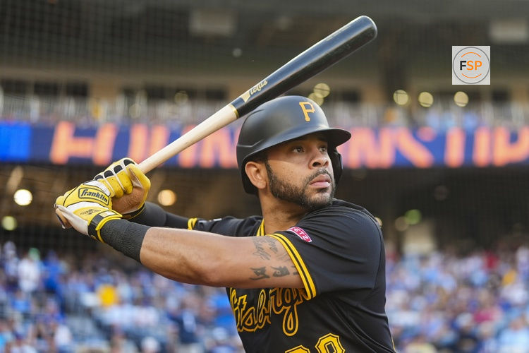 Jul 8, 2025; Kansas City, Missouri, USA; Pittsburgh Pirates left fielder Tommy Pham (28) gets ready to bat during the first inning against the Kansas City Royals at Kauffman Stadium. Credit: Jay Biggerstaff-Imagn Images