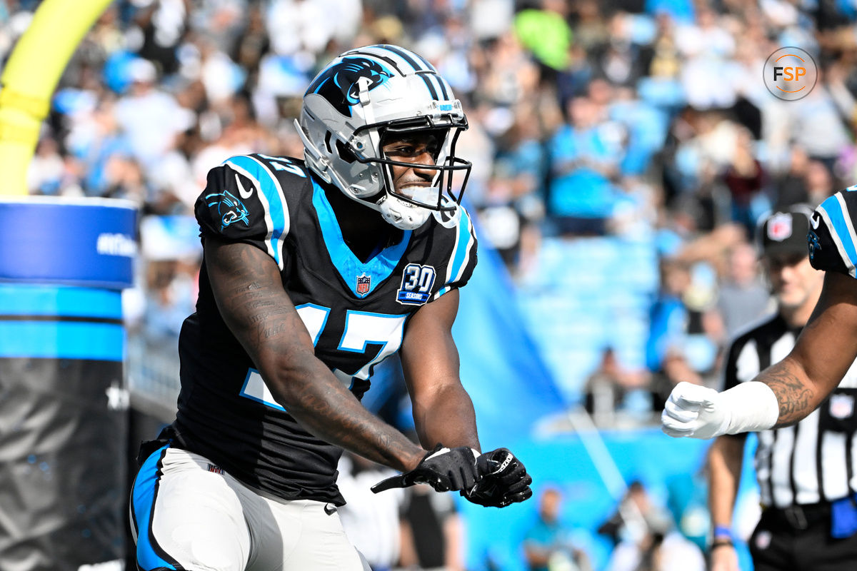 Nov 3, 2024; Charlotte, North Carolina, USA; Carolina Panthers wide receiver Xavier Legette (17) celebrates after making a touchdown catch in the second quarter at Bank of America Stadium. Credit: Bob Donnan-Imagn Images