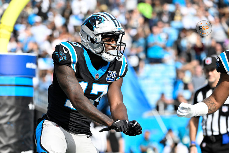 Nov 3, 2024; Charlotte, North Carolina, USA; Carolina Panthers wide receiver Xavier Legette (17) celebrates after making a touchdown catch in the second quarter at Bank of America Stadium. Credit: Bob Donnan-Imagn Images