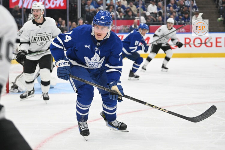 Oct 16, 2024; Toronto, Ontario, CAN; Toronto Maple Leafs forward Bobby McMann (74) pursues the play against the Los Angeles Kings in the third period at Scotiabank Arena. Credit: Dan Hamilton-Imagn Images