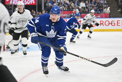 Oct 16, 2024; Toronto, Ontario, CAN; Toronto Maple Leafs forward Bobby McMann (74) pursues the play against the Los Angeles Kings in the third period at Scotiabank Arena. Mandatory Credit: Dan Hamilton-Imagn Images