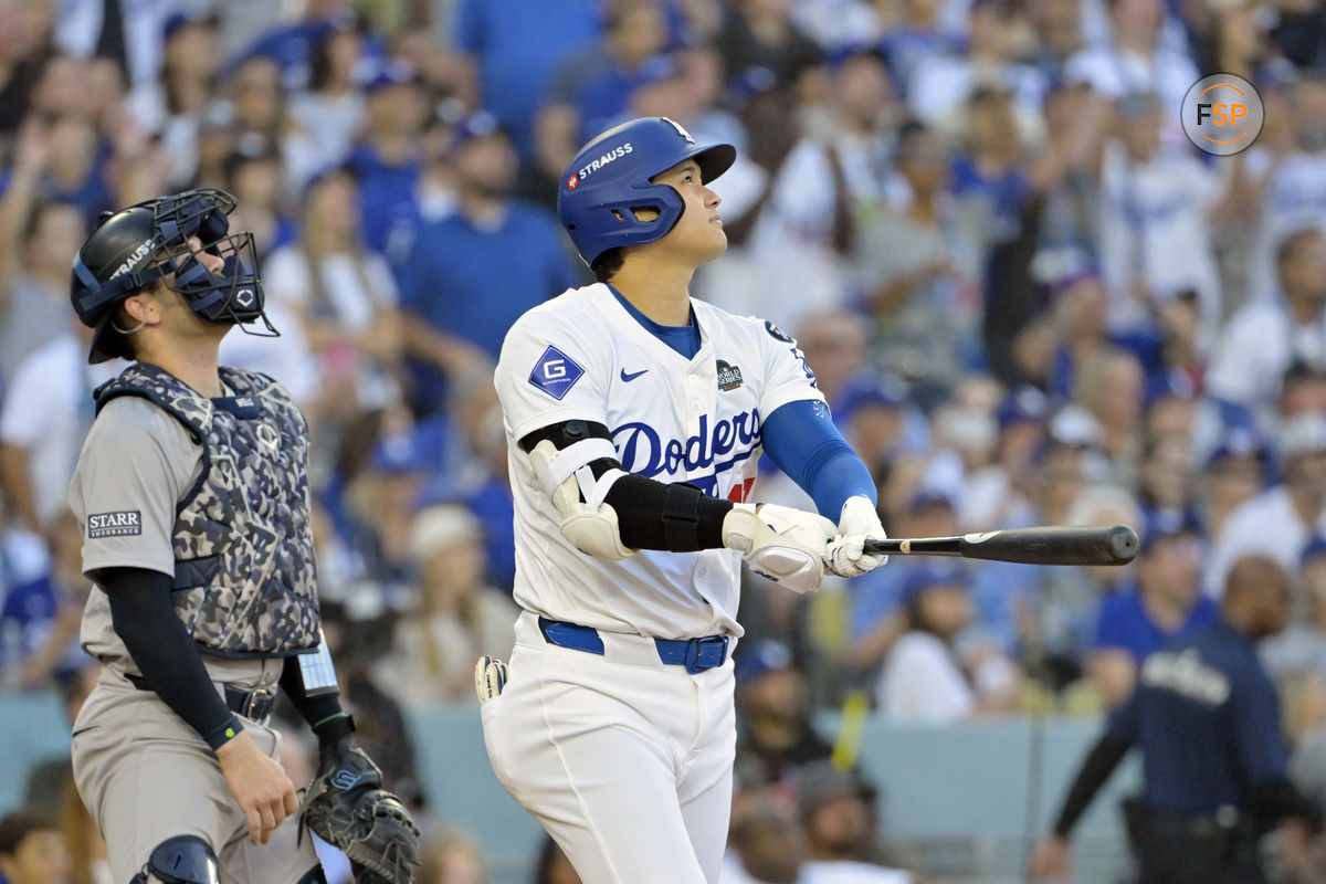 Oct 25, 2024; Los Angeles, California, USA; Los Angeles Dodgers designated hitter Shohei Ohtani (17) at bat against the New York Yankees in the first inning during game one of the 2024 MLB World Series at Dodger Stadium. Credit: Jayne Kamin-Oncea-Imagn Images