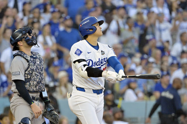 Oct 25, 2024; Los Angeles, California, USA; Los Angeles Dodgers designated hitter Shohei Ohtani (17) at bat against the New York Yankees in the first inning during game one of the 2024 MLB World Series at Dodger Stadium. Mandatory Credit: Jayne Kamin-Oncea-Imagn Images