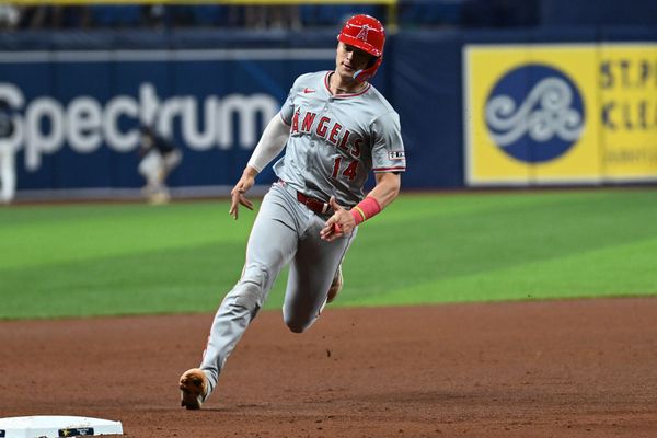 Apr 17, 2024; St. Petersburg, Florida, USA; Los Angeles Angels catcher Logan O’Hoppe (14) rounds third base on his way to scoring a run in the sixth inning against the Tampa Bay Rays  at Tropicana Field. Mandatory Credit: Jonathan Dyer-USA TODAY Sports