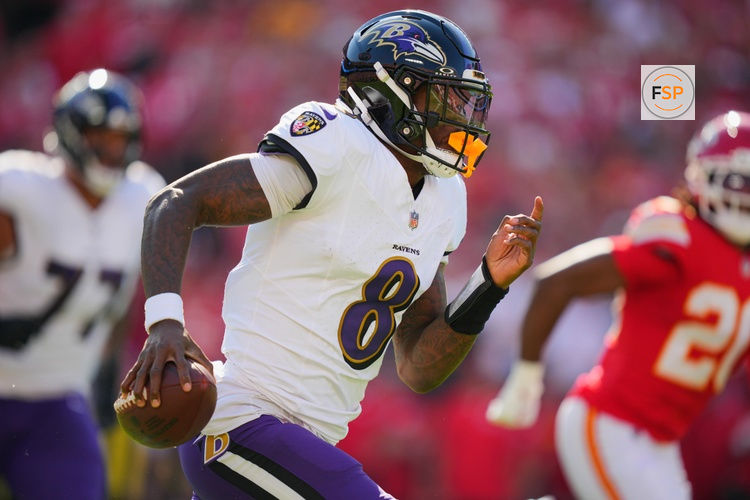 Sep 28, 2025; Kansas City, Missouri, USA;  Baltimore Ravens quarterback Lamar Jackson (8) scrambles during the first half against the Kansas City Chiefs at GEHA Field at Arrowhead Stadium. Credit: Jay Biggerstaff-Imagn Images
