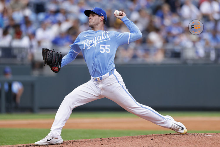 KANSAS CITY, MO - JUNE 02: Kansas City Royals pitcher Cole Ragans (55) delivers a pitch during an MLB game against the San Diego Padres on June 02, 2024 at Kauffman Stadium in Kansas City, Missouri. (Photo by Joe Robbins/Icon Sportswire)