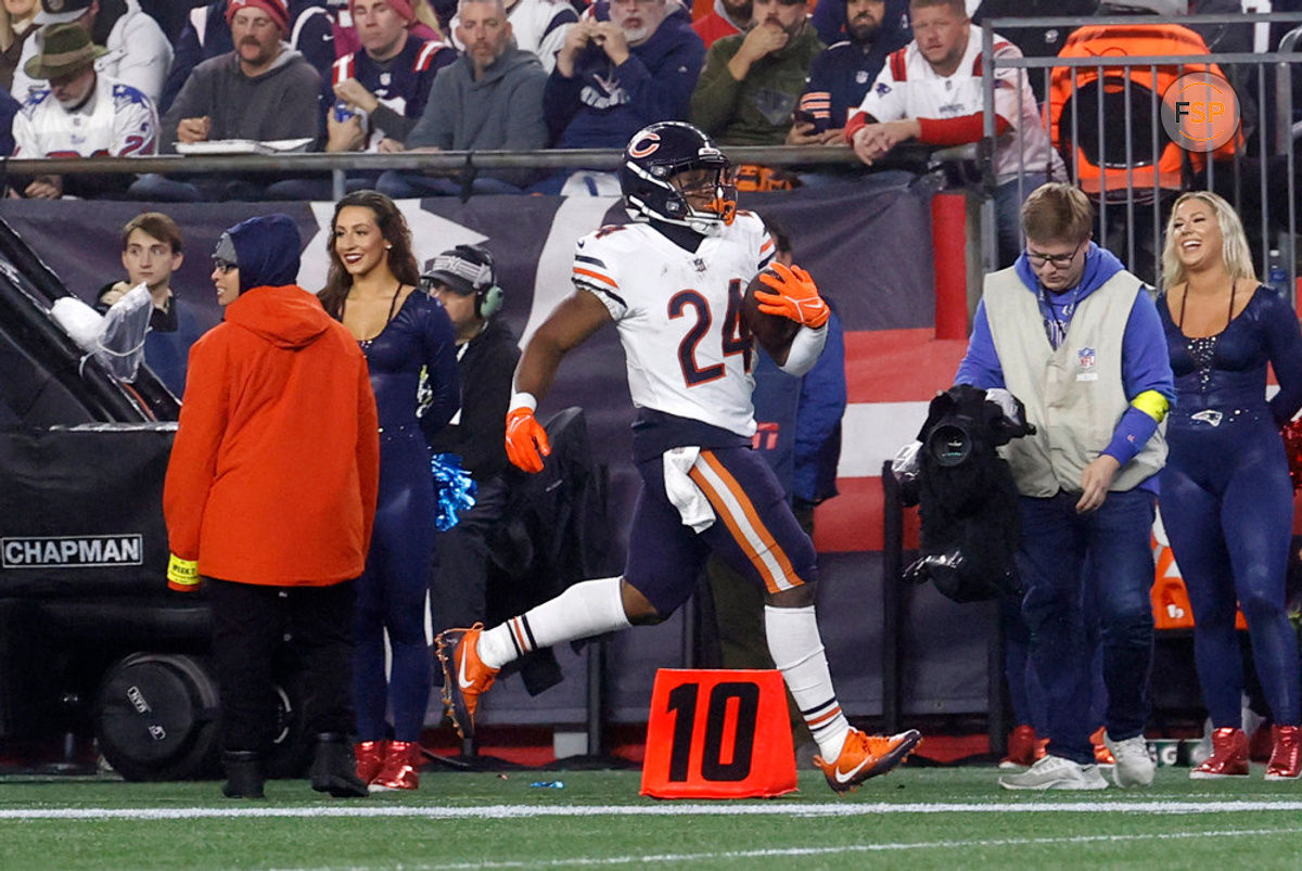 FOXBOROUGH, MA - OCTOBER 24: Chicago Bears running back Khalil Herbert (24) carries during a game between the New England Patriots and the Chicago Bears on October 24, 2022, at Gillette Stadium in Foxborough, Massachusetts. (Photo by Fred Kfoury III/Icon Sportswire)