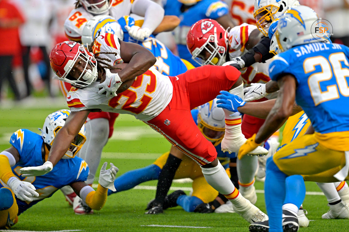 Sep 29, 2024; Inglewood, California, USA;  Kansas City Chiefs running back Kareem Hunt (29) carries the ball to the 3 yard line and scored a touchdown on the next play in the second half against the Los Angeles Chargers at SoFi Stadium. Credit: Jayne Kamin-Oncea-Imagn Images