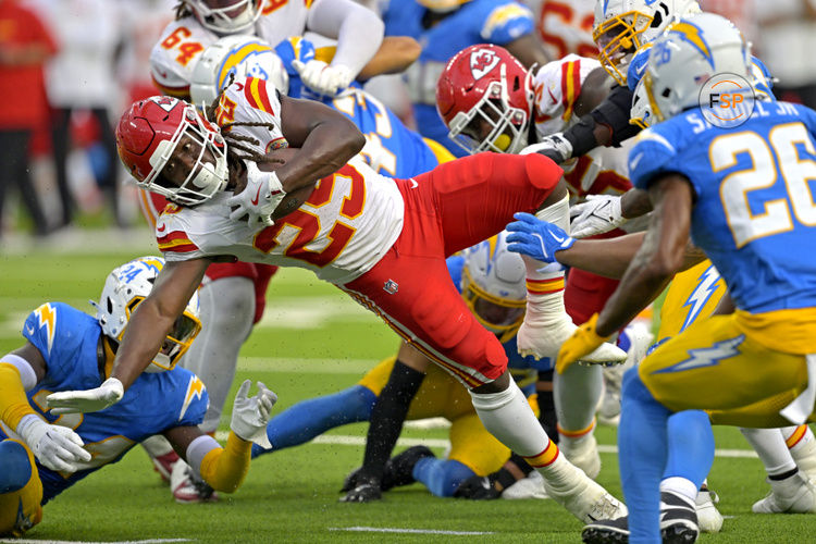 Sep 29, 2024; Inglewood, California, USA;  Kansas City Chiefs running back Kareem Hunt (29) carries the ball to the 3 yard line and scored a touchdown on the next play in the second half against the Los Angeles Chargers at SoFi Stadium. Credit: Jayne Kamin-Oncea-Imagn Images