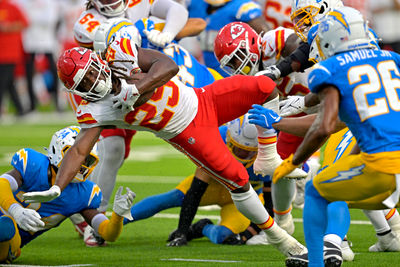 Sep 29, 2024; Inglewood, California, USA;  Kansas City Chiefs running back Kareem Hunt (29) carries the ball to the 3 yard line and scored a touchdown on the next play in the second half against the Los Angeles Chargers at SoFi Stadium. Mandatory Credit: Jayne Kamin-Oncea-Imagn Images