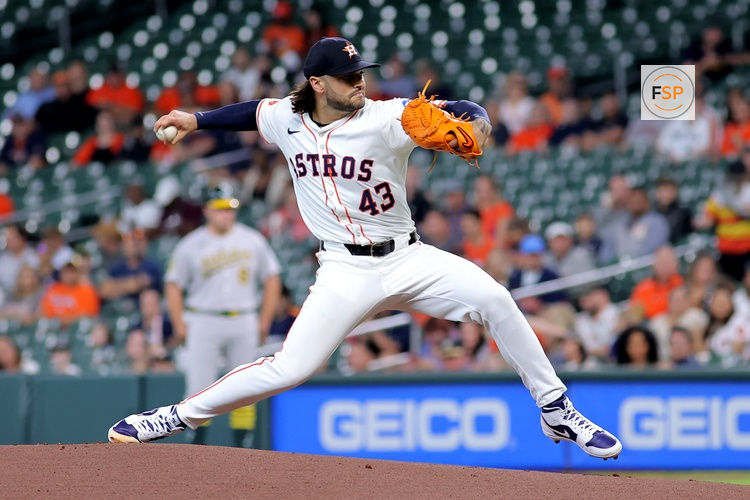 May 28, 2025; Houston, Texas, USA; Houston Astros starting pitcher Lance McCullers Jr. (43) delivers a pitch against the Athletics during the first inning at Daikin Park. Credit: Erik Williams-Imagn Images