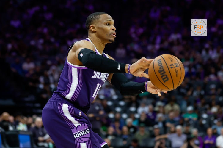 Mar 17, 2026; Sacramento, California, USA; Sacramento Kings guard Russell Westbrook (18) passes the ball during the third quarter against the San Antonio Spurs at Golden 1 Center. Credit: Sergio Estrada-Imagn Images